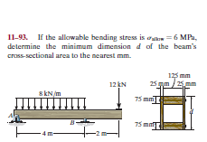 I1-93. If the allowable bending stress is auon =6 MPa,
determine the minimum dimension d of the beam's
cross-sectional area to the nearest mm.
125 mm
12 EN
25 gm /25am
s kN/m
75 mm
75 ma
4m-
