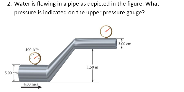 2. Water is flowing in a pipe as depicted in the figure. What
pressure is indicated on the upper pressure gauge?
3.00 cm
100. kPa
1.50 m
5.00 cm
4.00 m/s
