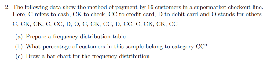 2. The following data show the method of payment by 16 customers in a supermarket checkout line.
Here, C refers to cash, CK to check, CC to credit card, D to debit card and O stands for others.
С, СК, СК, С, СС, D, O, C, CК, СС, D, CC, C, СК, СК, СС
(a) Prepare a frequency distribution table.
(b) What percentage of customers in this sample belong to category CC?
(c) Draw a bar chart for the frequency distribution.
