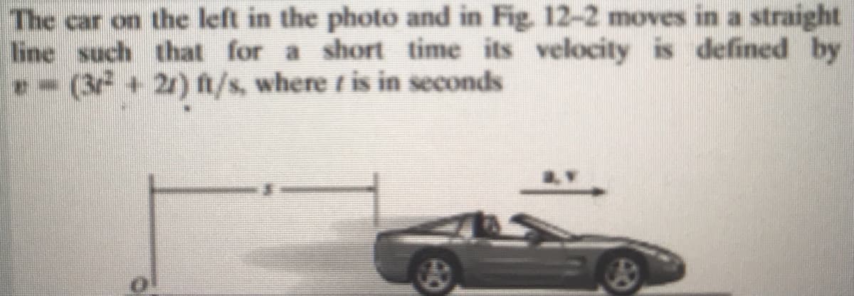 The car on the left in the photo and in Fig 12-2 moves in a straight
line such that for a short time its velocity is defined by
--(3 + 21) fn/s, where t is in seconds
