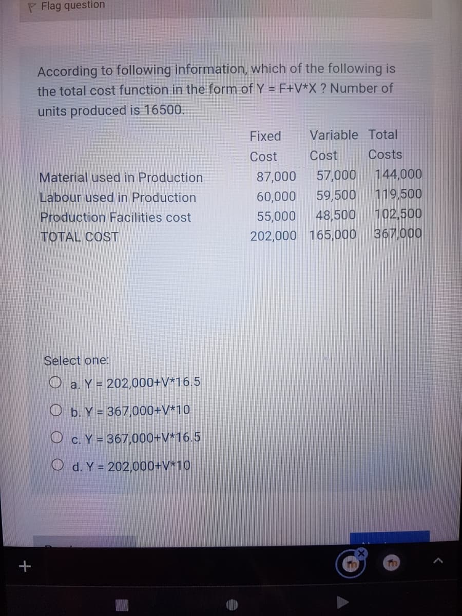 P Flag question
According to following information, which of the following is
the total cost function in the form of Y = F+V*X ? Number of
units produced is 16500.
Fixed
Variable Total
Cost
Cost
Costs
Material used in Production
87,000
57,000
144,000
Labour used in Production
60,000
59,500
119,500
102,500
367,000
Production Facilities cost
55,000
48,500
TOTAL COST
202,000 165,000
Select one:
O a. Y = 202,000+V*16.5
O b. Y = 367,000+V*10
O c. Y = 367,000+v*16.5
O d. Y = 202,000+V*10
