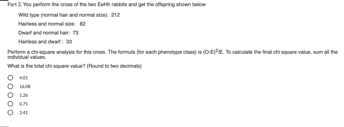 Part 2. You perform the cross of the two EeHh rabbits and get the offspring shown below
Wild type (normal hair and normal size): 212
Hairless and normal size: 82
Dwarf and normal hair: 73
Hairless and dwarf : 33
Perform a chi-square analysis for this cross. The formula (for each phenotype class) is (O-E)2/E. To calculate the final chi square value, sum all the
individual values.
What is the total chi square value? (Round to two decimals)
4.01
16.08
1.26
0.75
3.41
