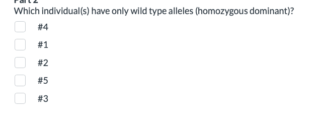 Which individual(s) have only wild type alleles (homozygous dominant)?
# 4
#1
#2
#5
#3

