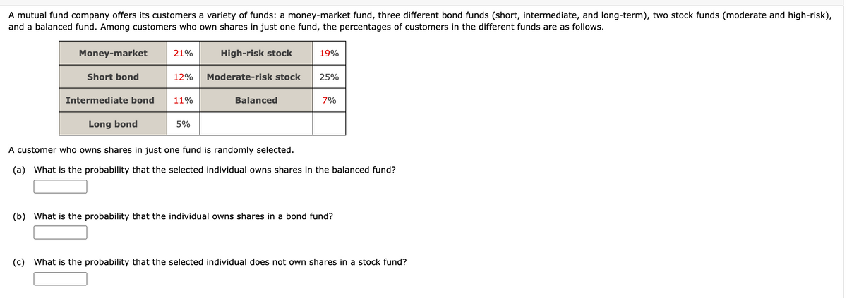 A mutual fund company offers its customers a variety of funds: a money-market fund, three different bond funds (short, intermediate, and long-term), two stock funds (moderate and high-risk),
and a balanced fund. Among customers who own shares in just one fund, the percentages of customers in the different funds are as follows.
Money-market
21%
High-risk stock
19%
Short bond
12%
Moderate-risk stock
25%
Intermediate bond
11%
Balanced
7%
Long bond
5%
A customer who owns shares in just one fund is randomly selected.
(a) What is the probability that the selected individual owns shares in the balanced fund?
(b) What is the probability that the individual owns shares in a bond fund?
(c) What is the probability that the selected individual does not own shares in a stock fund?

