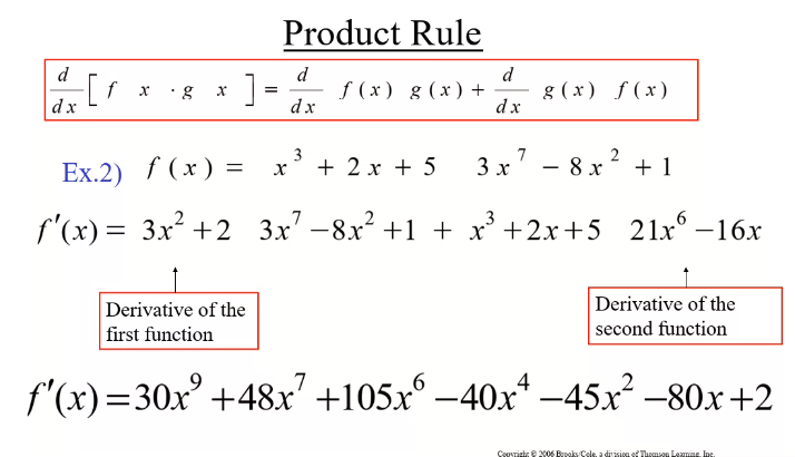 Product Rule
d
d
f (x) g (x) +
d
g ( x) ƒ(x)
dx
dx
dx
3
+ 2 x + 5
7
Ex.2) f (x) = x
3x — 8х + 1
f'(x) = 3x +2 3x' -8x² +1 + x'+2x+5 21x° -16x
Derivative of the
first function
Derivative of the
second function
f'(x)=30x +48x' +105x° –40x* –45x² –80x+2
Couvrighe e 2006 Brooks Cele, a divisiou of Thomson Lexming Ine.
