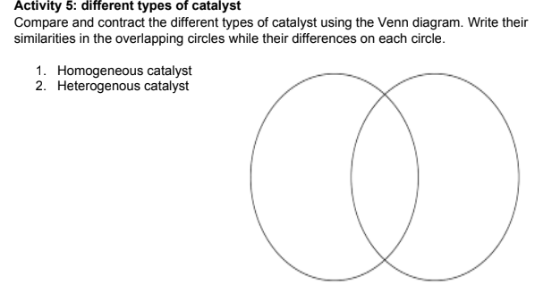Activity 5: different types of catalyst
Compare and contract the different types of catalyst using the Venn diagram. Write their
similarities in the overlapping circles while their differences on each circle.
1. Homogeneous catalyst
2. Heterogenous catalyst

