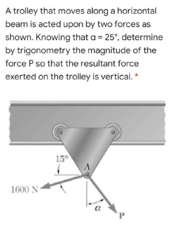 A trolley that moves along a horizontal
beam is acted upon by two forces as
shown. Knowing that a = 25°, determine
by trigonometry the magnitude of the
force P so that the resultant force
exerted on the trolley is vertical. *
15°
1600 N
