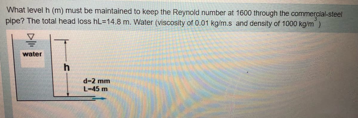 What level h (m) must be maintained to keep the Reynold number at 1600 through the commercial-steel
pipe? The total head loss hL=14.8 m. Water (viscosity of 0.01 kg/m.s and density of 1000 kg/m)
water
h
d32 mm
L-45 m
