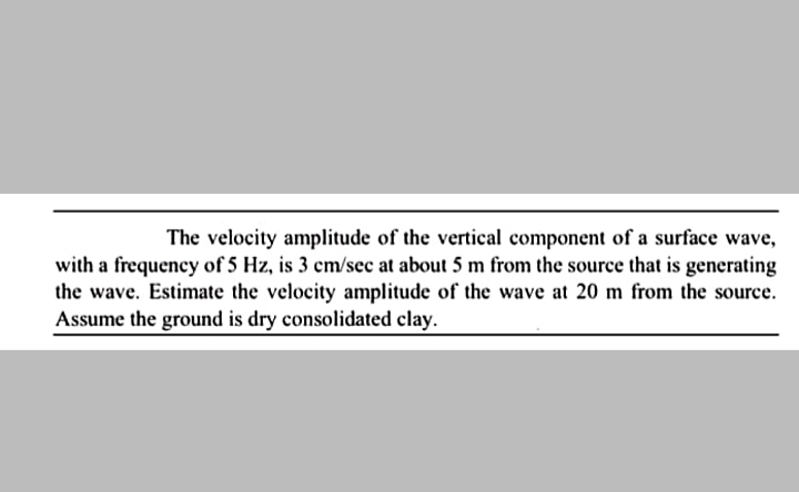 The velocity amplitude of the vertical component of a surface wave,
with a frequency of 5 Hz, is 3 cm/sec at about 5 m from the source that is generating
the wave. Estimate the velocity amplitude of the wave at 20 m from the source.
Assume the ground is dry consolidated clay.

