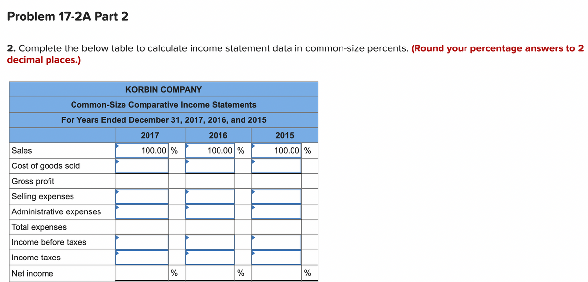 Problem 17-2A Part 2
2. Complete the below table to calculate income statement data in common-size percents. (Round your percentage answers to 2
decimal places.)
KORBIN COMPANY
Common-Size Comparative Income Statements
For Years Ended December 31, 2017, 2016, and 2015
2017
2016
2015
Sales
100.00 %
100.00 %
100.00 %
Cost of goods sold
Gross profit
Selling expenses
Administrative expenses
Total expenses
Income before taxes
Income taxes
Net income
%
