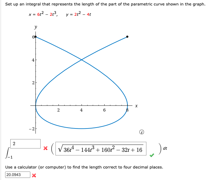 Set up an integral that represents the length of the part of the parametric curve shown in the graph.
x = 6t2 - 2t3, y = 2t2 – 4t
y
4
2-
2
4
-과
V 364 – 1443 + 160² – 32t + 16
dt
Use a calculator (or computer) to find the length correct to four decimal places.
20.0943
2.
