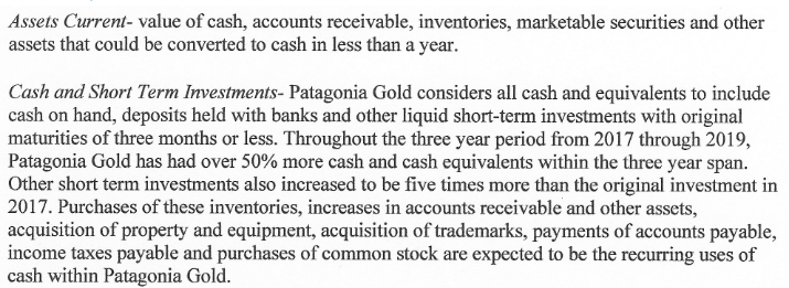 Assets Current- value of cash, accounts receivable, inventories, marketable securities and other
assets that could be converted to cash in less than a year.
Cash and Short Term Investments- Patagonia Gold considers all cash and equivalents to include
cash on hand, deposits held with banks and other liquid short-term investments with original
maturities of three months or less. Throughout the three year period from 2017 through 2019,
Patagonia Gold has had over 50% more cash and cash equivalents within the three year span.
Other short term investments also increased to be five times more than the original investment in
2017. Purchases of these inventories, increases in accounts receivable and other assets,
acquisition of property and equipment, acquisition of trademarks, payments of accounts payable,
income taxes payable and purchases of common stock are expected to be the recurring uses of
cash within Patagonia Gold.
