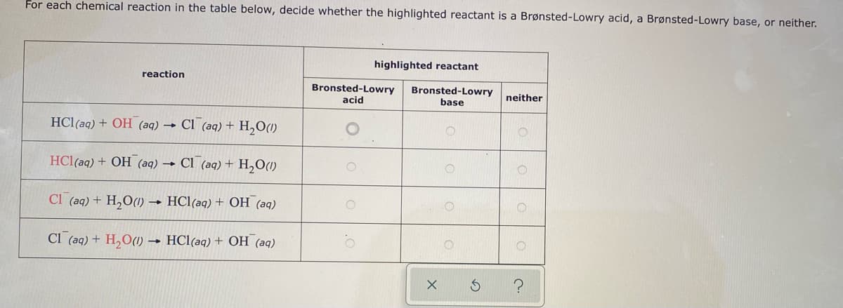 For each chemical reaction in the table below, decide whether the highlighted reactant is a Brønsted-Lowry acid, a Brønsted-Lowry base, or neither.
highlighted reactant
reaction
Bronsted-Lowry
acid
Bronsted-Lowry
base
neither
HCl(aq) + OH (aq) →
Cl (aq) + H,O(1)
HCl(aq) + OH (aq) → Cl (aq) + H,O(1)
Cl (aq) + H,O(1)
HCl(aq) + OH (aq)
Cl (aq) + H,O(1) → HCl(aq) + OH (aq)
