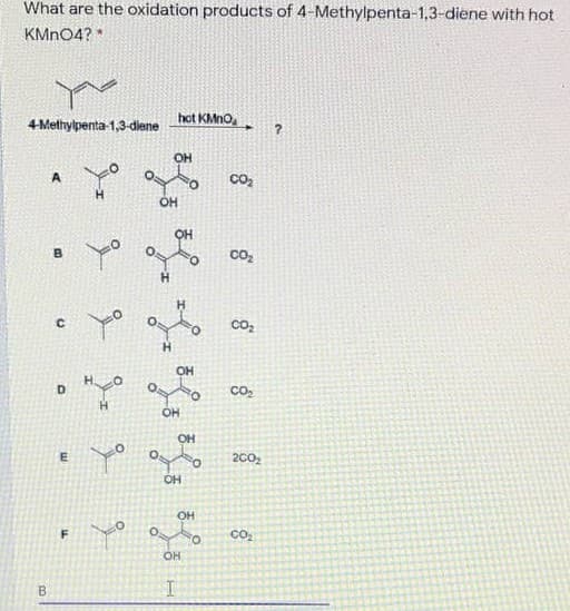 What are the oxidation products of 4-Methylpenta-1,3-diene with hot
KMN04? *
hot KMNO,
4-Methylpenta-1,3-diene
OH
A
Co,
H.
OH
OH
Co,
H.
H.
OH
co,
D
H.
OH
OH
200,
OH
F.
Co
OH
B.
