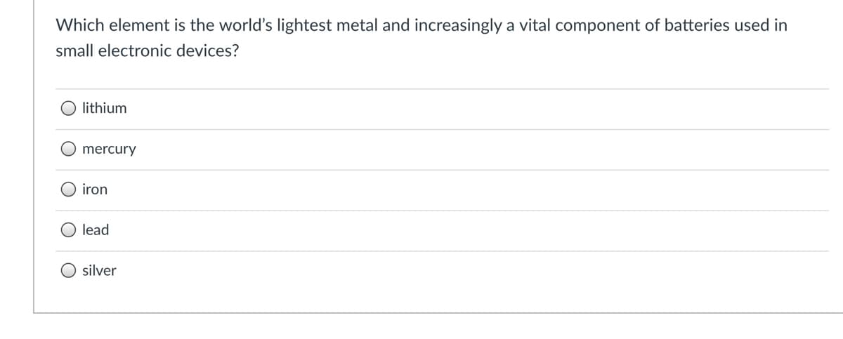 Which element is the world's lightest metal and increasingly a vital component of batteries used in
small electronic devices?
lithium
mercury
iron
lead
silver
