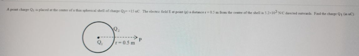 A point charge Q is placed at the center of a thin spherical shell of charge Q2= +15 nC. The electric field E at point (p) a distance r0 5 m from the center of the shell is 52x10 N/C directed outwards. Find the charge Q1 (in nC).
->p
r-0.5 m
