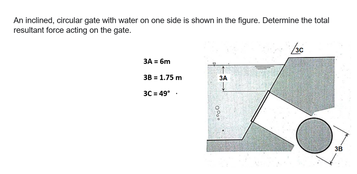 An inclined, circular gate with water on one side is shown in the figure. Determine the total
resultant force acting on the gate.
3A = 6m
3B = 1.75 m
3C = 49°
3A
0°°
/3C
3B