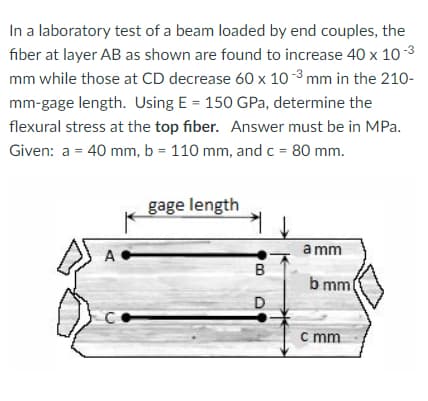In a laboratory test of a beam loaded by end couples, the
fiber at layer AB as shown are found to increase 40 x 10 -3
mm while those at CD decrease 60 x 10 -3 mm in the 210-
mm-gage length. Using E = 150 GPa, determine the
flexural stress at the top fiber. Answer must be in MPa.
Given: a = 40 mm, b = 110 mm, and c = 80 mm.
gage length
A•
a mm
B
b mml
D
c mm
