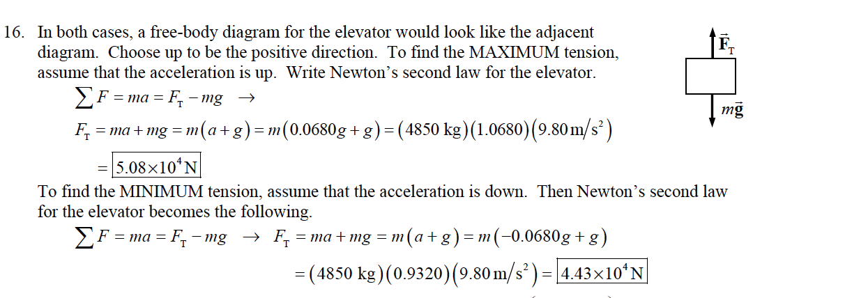 In both cases, a free-body diagram for the elevator would look like the adjacent
diagram. Choose up to be the positive direction. To find the MAXIMUM tension,
assume that the acceleration is up. Write Newton's second law for the elevator.
16.
mg
F ="la + mg = m(a+g)-m(0.0680g+g)-(4850 kg)(1 0680)(9.80m/s2)
5.08x10'N
To find the MINIMUM tension, assume that the acceleration is down. Then Newton's second law
for the elevator becomes the following.
- (4850 kg) (0.9320) (9.80m/s2)-4.43x10 N
