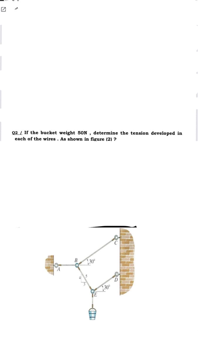 Q2 / If the bucket weight 50N , determine the tension developed in
each of the wires . As shown in figure (2) ?
30°
30°
TE
D-
