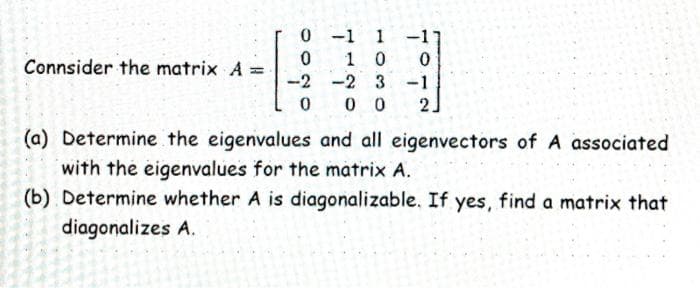 0 -1
1 0
1
-1
Connsider the matrix A =
-2 -2 3 -1
0 0
2.
(a) Determine the eigenvalues and all eigenvectors of A associated
with the eigenvalues for the matrix A.
(b) Determine whether A is diagonalizable. If yes, find a matrix that
diagonalizes A.
