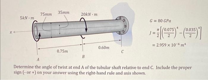 5kN m
75mm
35mm
0.75m
20kN m
B
0.60m
C
G = 80 GPa
=[(275)*-(0035)]
= 2.959 x 10-6 m4
J=
Determine the angle of twist at end A of the tubular shaft relative to end C. Include the proper
sign (- or +) on your answer using the right-hand rule and axis shown.