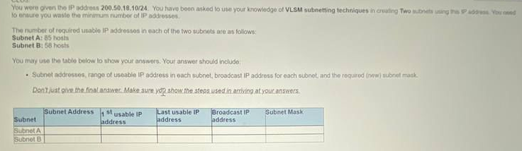 You were given the IP address 200.50.18.10/24 You have been asked to use your knowledge of VLSM subnetting techniques in creating Two subnets using this address. You need
to ensure you waste the minimum number of IP addresses.
The number of required usable IP addresses in each of the two subnets are as follows:
Subnet A: 85 hosts
Subnet B: 58 hosts
You may use the table below to show your answers. Your answer should include
• Subnet addresses, range of useable IP address in each subnet, broadcast IP address for each subnet, and the required (new) subnet mask
Don't just give the final answer. Make sure ydp show the steps used in arriving at your answers.
Subnet
Subnet A
Subnet B
Subnet Address
st usable IP
address
Last usable IP
address
Broadcast IP
address
Subnet Mask