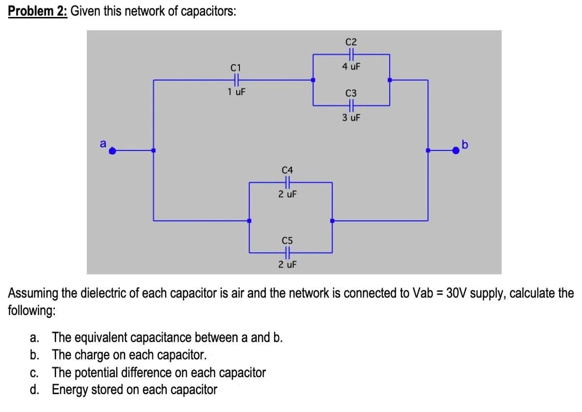 Problem 2: Given this network of capacitors:
C2
C1
4 uF
1 uF
C3
3 uF
a
C4
2 uF
C5
HH
2 uF
Assuming the dielectric of each capacitor is air and the network is connected to Vab = 30V supply, calculate the
following:
a. The equivalent capacitance between a and b.
b. The charge on each capacitor.
c. The potential difference on each capacitor
d. Energy stored on each capacitor
