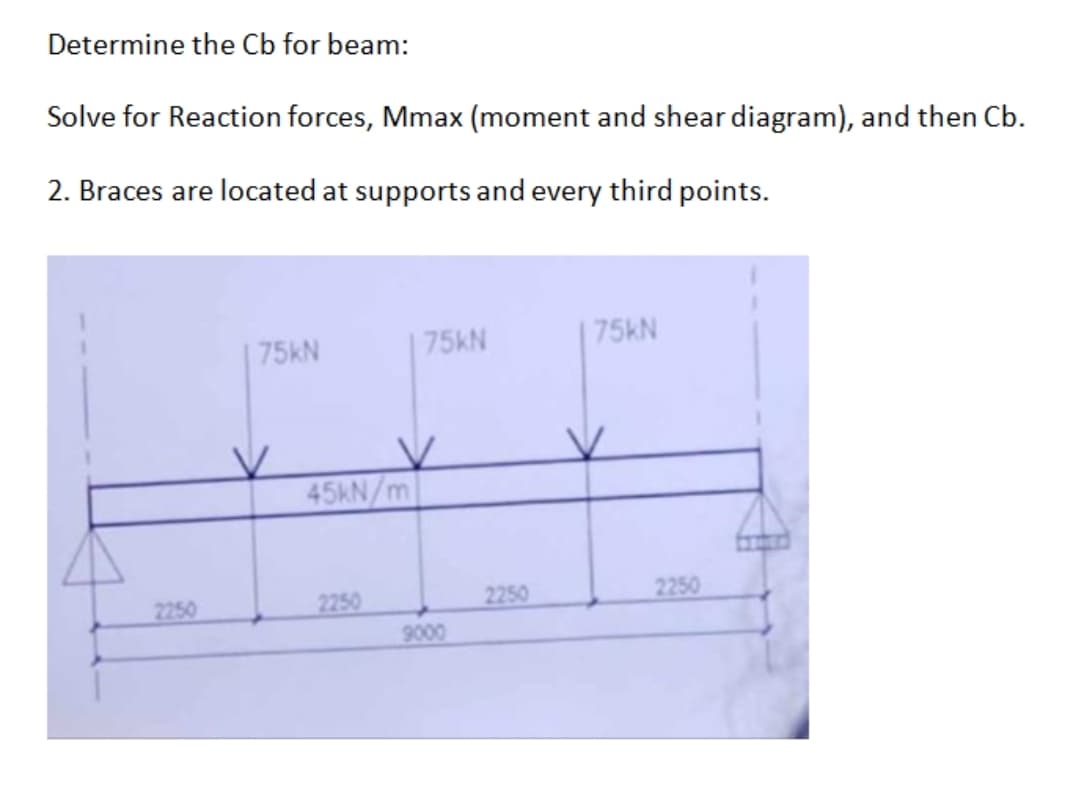 Determine the Cb for beam:
Solve for Reaction forces, Mmax (moment and shear diagram), and then Cb.
2. Braces are located at supports and every third points.
2250
75kN
45kN/m
2250
75kN
V
9000
2250
75kN
2250