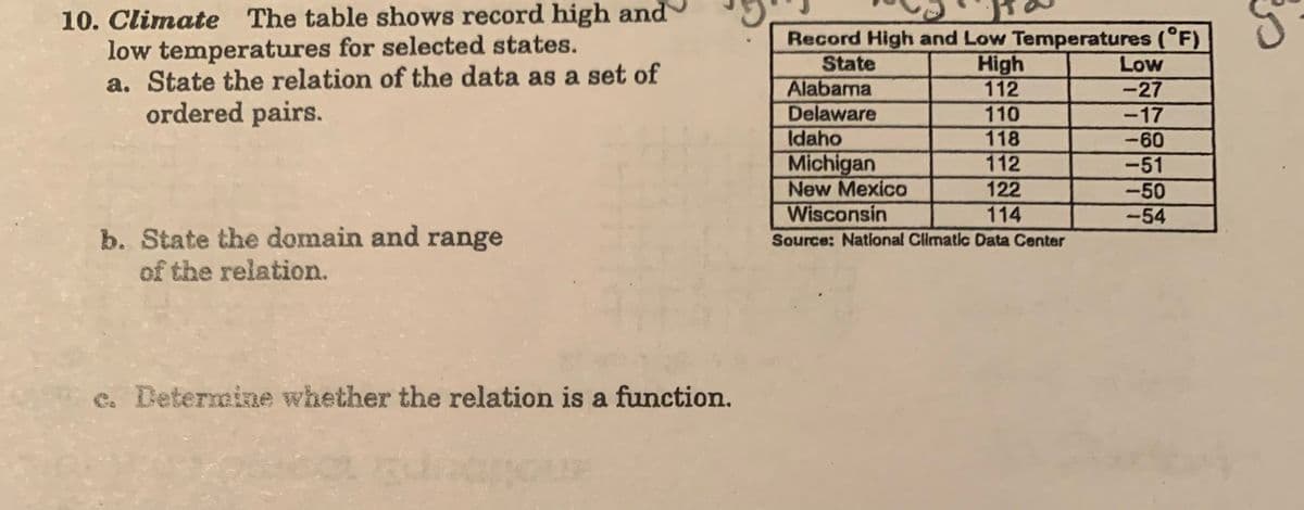 10. Climate The table shows record high and
low temperatures for selected states.
a. State the relation of the data as a set of
ordered pairs.
b. State the domain and range
of the relation.
c. Determine whether the relation is a function.
Record High and Low Temperatures (°F)
State
High
Alabama
112
Delaware
110
118
112
122
114
Source: National Climatic Data Center
Idaho
Michigan
New Mexico
Wisconsin
Low
-27
-17
-60
-51
-50
-54
is