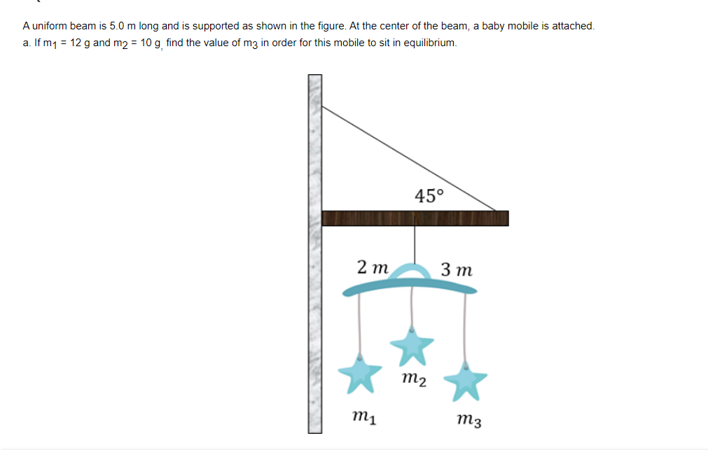 A uniform beam is 5.0 m long and is supported as shown in the figure. At the center of the beam, a baby mobile is attached.
a. If m1 = 12 g and m2 = 10 g find the value of mg in order for this mobile to sit in equilibrium.
45°
2 m
3 т
m2
m1
m3
