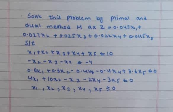 Solve this problem by Primal and
dual method M ax Z000,t
SIt
U +lox -x3-2x4-3K540
