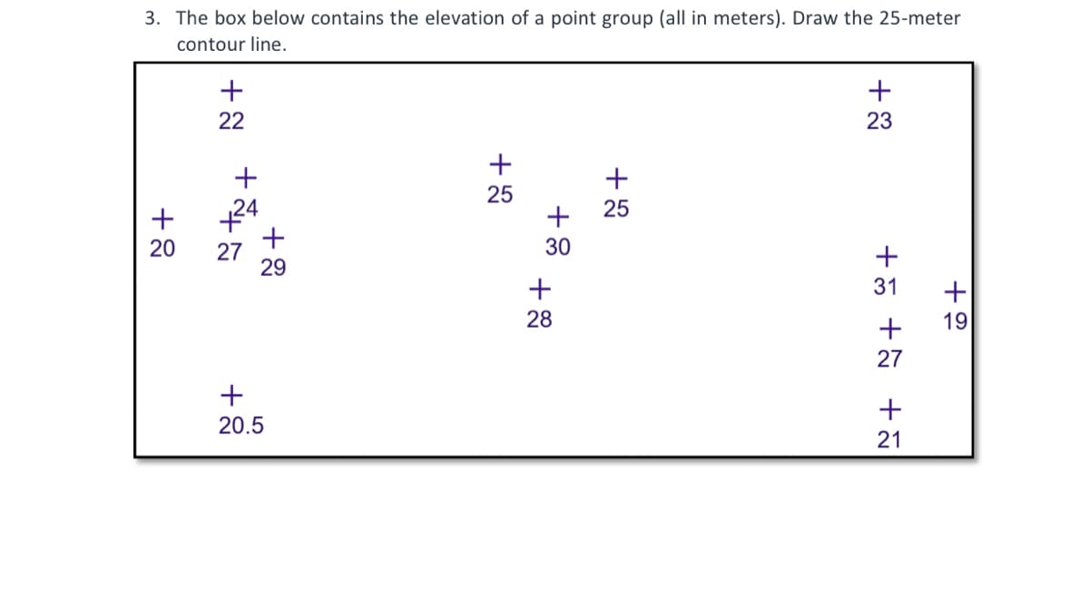3. The box below contains the elevation of a point group (all in meters). Draw the 25-meter
contour line.
+
20
+ 22
+
+24
27
8+
+
29
20.5
+
25
+g+
30
28
+
25
+
23
+ 19
+31 +7 + 21
27