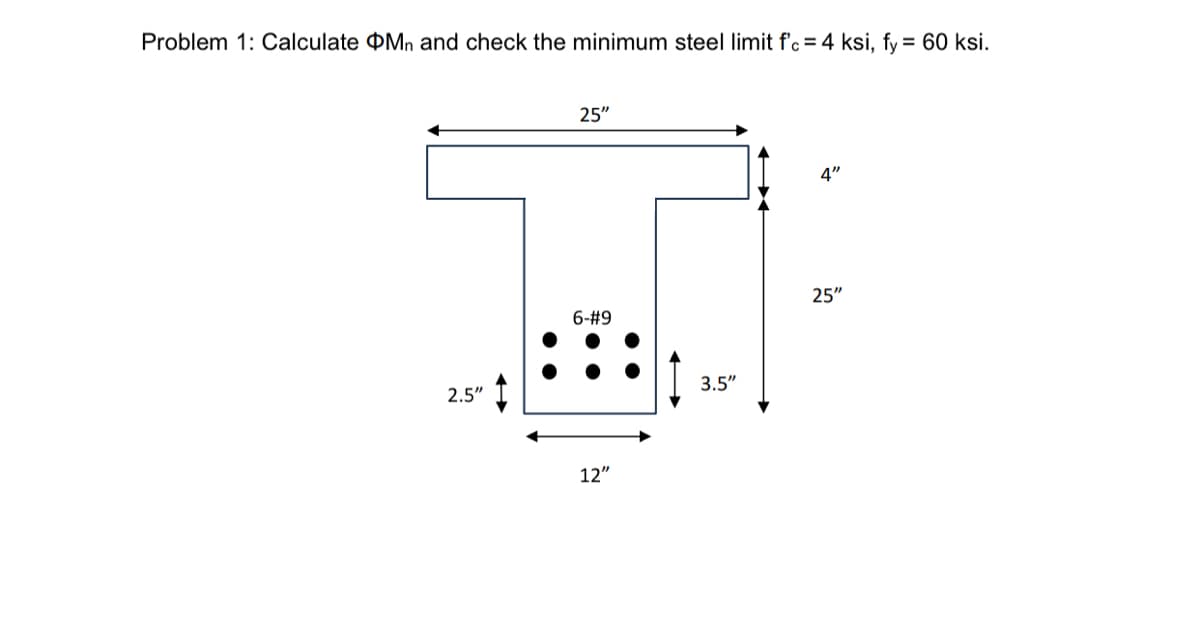 Problem 1: Calculate Mn and check the minimum steel limit f'c = 4 ksi, fy = 60 ksi.
2.5"
25"
6-#9
12"
3.5"
4"
25"
