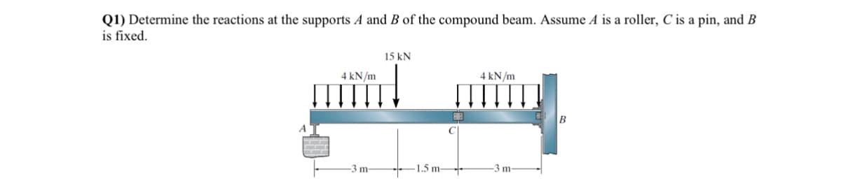 Q1) Determine the reactions at the supports A and B of the compound beam. Assume A is a roller, C is a pin, and B
is fixed.
4 kN/m
3 m
15 kN
1.5 m-
8.3
4 kN/m
-3 m-
B
