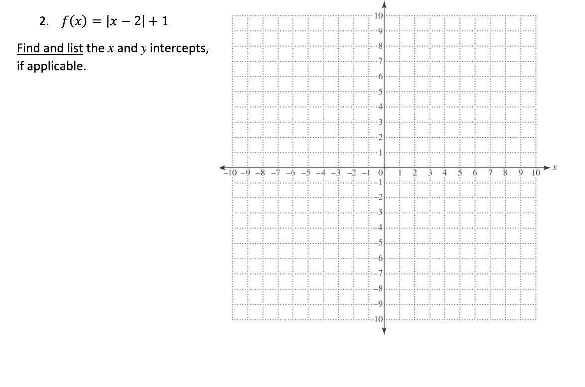 2. f(x) = |x – 2| +1
Find and list the x and y intercepts,
if applicable.
-10 -9 -8 -7 -6 -5
6
9
10
