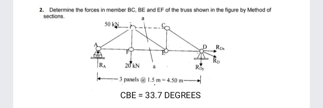 2. Determine the forces in member BC, BE and EF of the truss shown in the figure by Method of
sections.
a
50 KN
atd
RA
20 KN
3 panels @ 1.5 m- 4.50 m-
CBE =
Roy
33.7 DEGREES
RDx
Ro