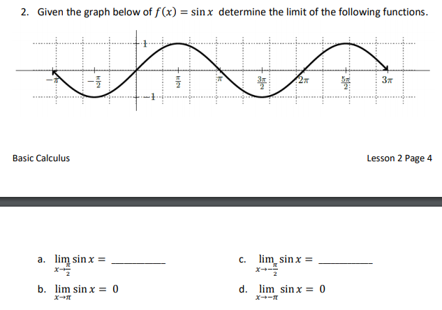 2. Given the graph below of f(x) = sin x determine the limit of the following functions.
Basic Calculus
Lesson 2 Page 4
a. lim sin x =
c. lim_sin x =
b. lim sin x = 0
d. lim sin x = 0
ele
