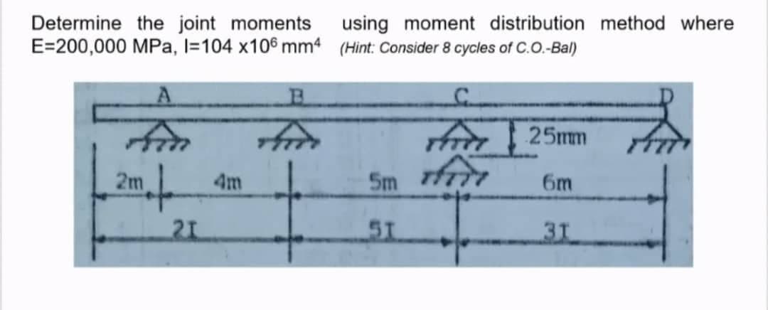 Determine the joint moments
E=200,000 MPa, I=104 x106 mm4 (Hint: Consider 8 cycles of C.O.-Bal)
using moment distribution method where
25mm
2m
Sm
4m
6m
21
ST
31
