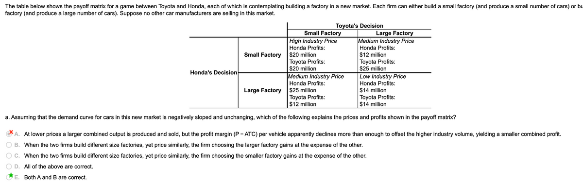 The table below shows the payoff matrix for a game between Toyota and Honda, each of which is contemplating building a factory in a new market. Each firm can either build a small factory (and produce a small number of cars) or bu
factory (and produce a large number of cars). Suppose no other car manufacturers are selling in this market.
Toyota's Decision
Large Factory
Medium Industry Price
Honda Profits:
Small Factory
High Industry Price
Honda Profits:
Small Factory
$20 million
Toyota Profits:
$20 million
Medium Industry Price
$12 million
Toyota Profits:
$25 million
Honda's Decision
Low Industry Price
Honda Profits:
Honda Profits:
$25 million
Toyota Profits:
$12 million
$14 million
Toyota Profits:
$14 million
Large Factory
a. Assuming that the demand curve for cars in this new market is negatively sloped and unchanging, which of the following explains the prices and profits shown in the payoff matrix?
A. At lower prices a larger combined output is produced and sold, but the profit margin (P - ATC) per vehicle apparently declines more than enough to offset the higher industry volume, yielding a smaller combined profit.
B. When the two firms build different size factories, yet price similarly, the firm choosing the larger factory gains at the expense of the other.
C. When the two firms build different size factories, yet price similarly, the firm choosing the smaller factory gains at the expense of the other.
D. All of the above are correct.
E. Both A and B are correct.
