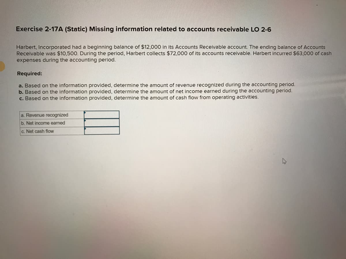 Exercise 2-17A (Static) Missing information related to accounts receivable LO 2-6
Harbert, Incorporated had a beginning balance of $12,000 in its Accounts Receivable account. The ending balance of Accounts
Receivable was $10,500. During the period, Harbert collects $72,000 of its accounts receivable. Harbert incurred $63,000 of cash
expenses during the accounting period.
Required:
a. Based on the information provided, determine the amount of revenue recognized during the accounting period.
b. Based on the information provided, determine the amount of net income earned during the accounting period.
c. Based on the information provided, determine the amount of cash flow from operating activities.
a. Revenue recognized
b. Net income earned
c. Net cash flow