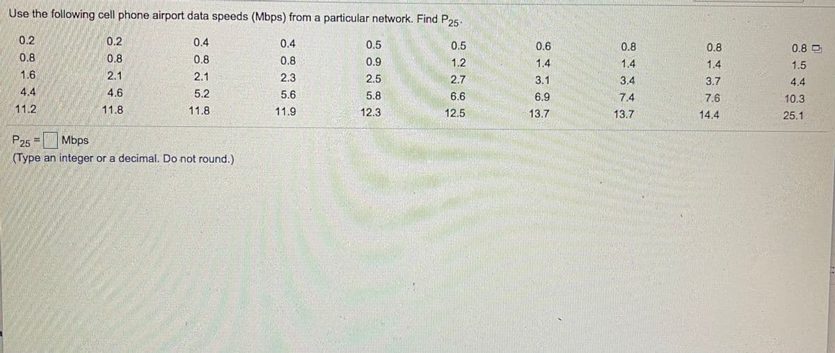 Use the following cell phone airport data speeds (Mbps) from a particular network. Find P25.
0.2
0.2
0.4
0.4
0.5
0.5
0.6
0.8
1.4
3.4
7.4
13.7
0.8
0.8
0.8
0.8
0.8
0.8
0.9
1.2
1.4
1.4
1.5
1.6
2.1
2.1
2.3
2.5
2.7
3.1
3.7
4.4
4.4
4.6
5.2
5.6
5.8
6.6
6.9
7.6
10.3
11.2
11.8
11.8
11.9
12.3
12.5
13.7
14.4
25.1
P25 =Mbps
(Type an integer or a decimal. Do not round.)
