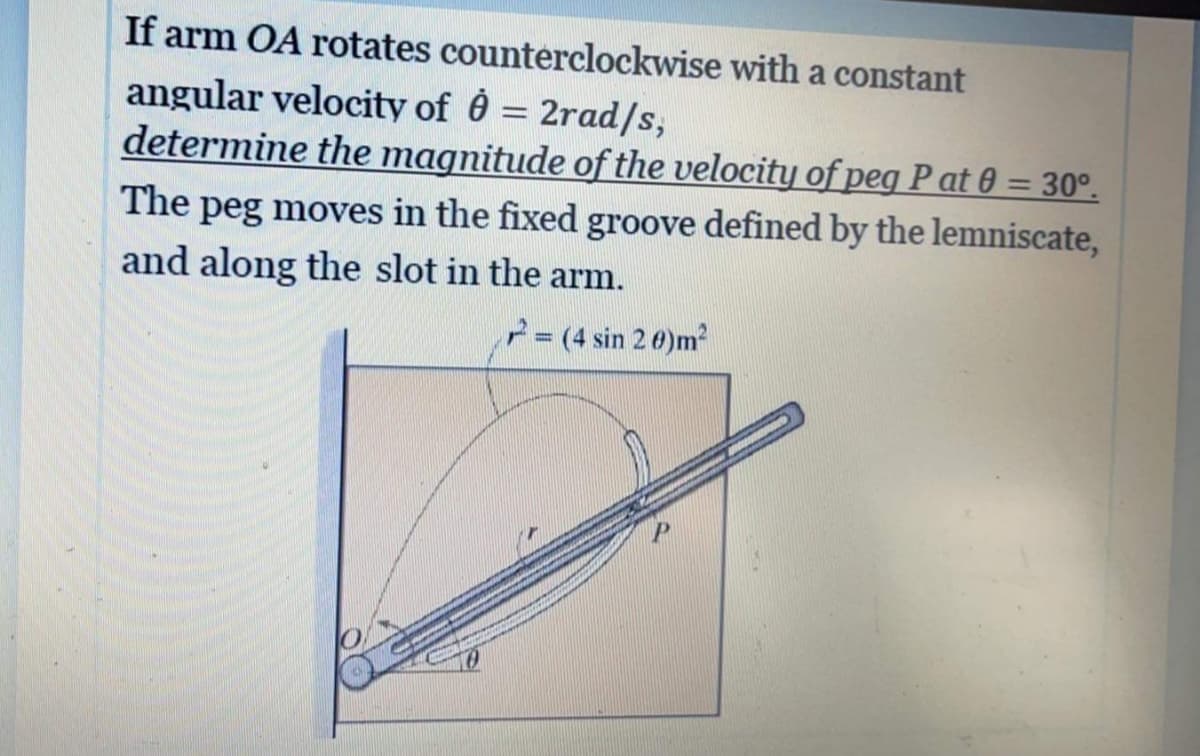 If arm OA rotates counterclockwise with a constant
angular velocity of = 2rad/s,
determine the magnitude of the velocity of peg P at 0 = 30°.
%3D
The peg moves in the fixed groove defined by the lemniscate,
and along the slot in the arm.
=(4 sin 2 0)m²
