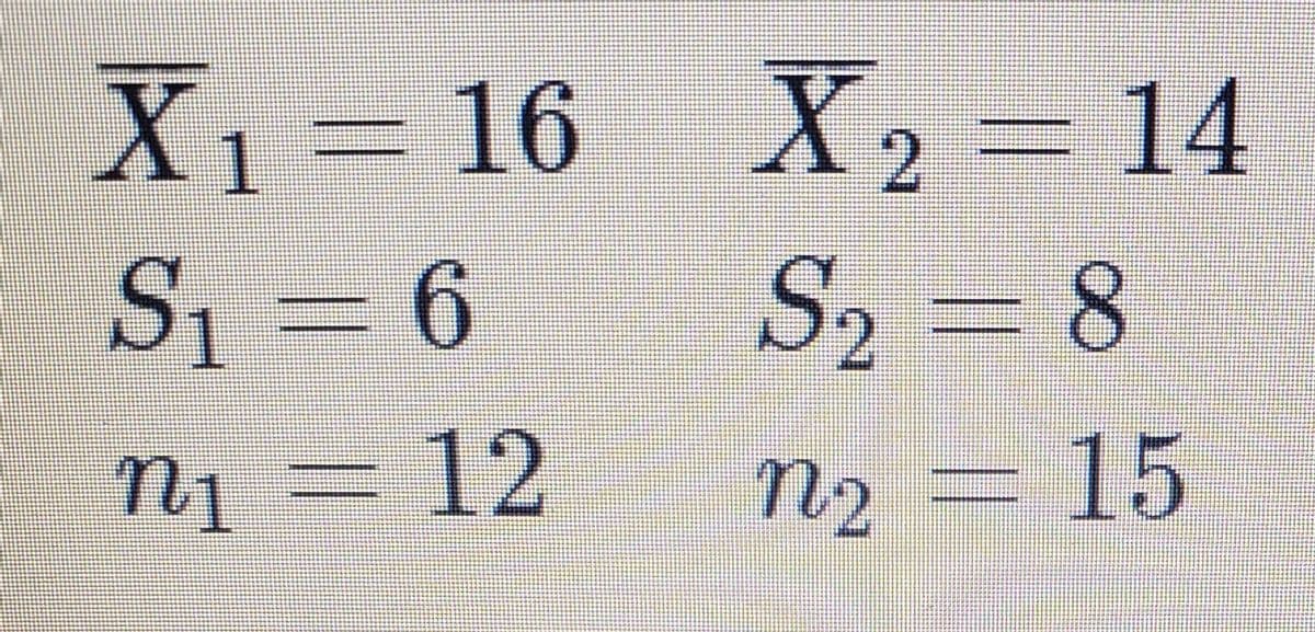 X=16 X2 = 14
S2 = 8
15
S1 = 6
n1
-12
n2

