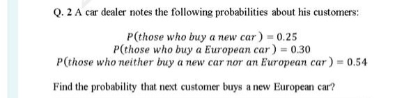 Q. 2 A car dealer notes the following probabilities about his customers:
P(those who buy a new car) = 0.25
P(those who buy a European car) = 0.30
P(those who neither buy a new car nor an European car) = 0.54
Find the probability that next customer buys a new European car?
