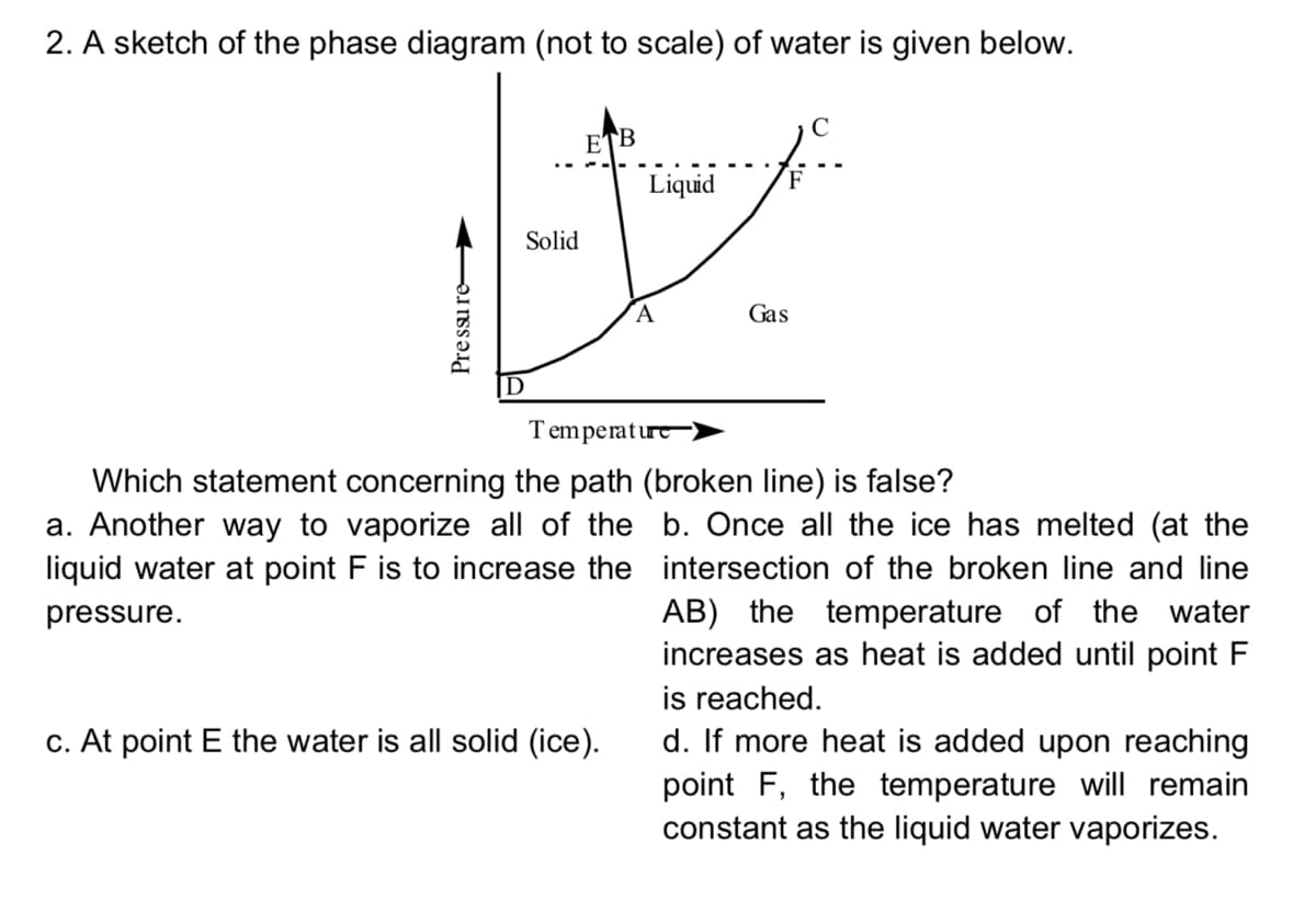 2. A sketch of the phase diagram (not to scale) of water is given below.
ETB
Liquid
Solid
Gas
Temperaturt
Which statement concerning the path (broken line) is false?
a. Another way to vaporize all of the b. Once all the ice has melted (at the
liquid water at point F is to increase the intersection of the broken line and line
AB) the temperature of the water
increases as heat is added until point
pressure.
is reached.
c. At point E the water is all solid (ice).
d. If more heat is added upon reaching
point F, the temperature will remain
constant as the liquid water vaporizes.
Pre ssu re
