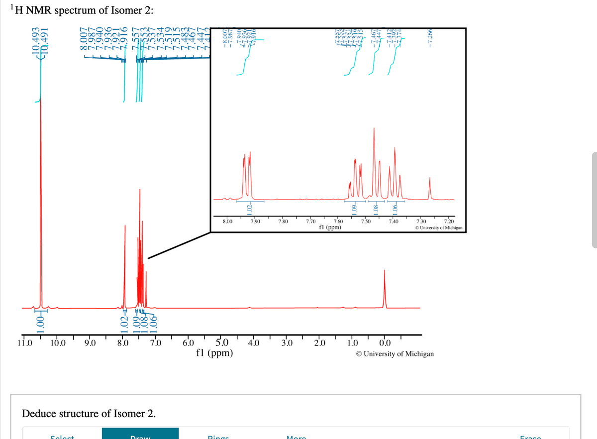 'H NMR spectrum of Isomer 2:
661731UI
dninininisin
7:60
7.70
fl (ppm)
8.00
7.80
7.40
7.30
© University of Michigan
7.90
7.50
7.20
11.0
10.0
8.0
7.0
6.0
5.0
4:0
3.0
2.0
0.0
f1 (ppm)
© University of Michigan
Deduce structure of Isomer 2.
Soloct
Draw
Ringr
More
Eraco
-10.493
tT0.491
어1.02-4
=60 i|
1.06
Z00'8-
F60"|
-7.266
