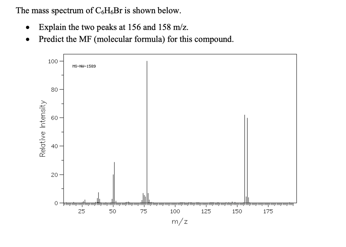 The mass spectrum of C6H,Br is shown below.
Explain the two peaks at 156 and 158 m/z.
Predict the MF (molecular formula) for this compound.
100
MS-NW-1589
80
20
25
50
75
100
125
150
175
m/z
Relative Intensity
