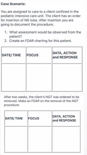 Case Scenario:
You are assigned to care to a client confined in the
pediatric intensive care unit. The client has an order
for insertion of NG tube. After insertion you are
going to document the procedure:
1. What assessment would be observed from the
patient?
2. Create an FDAR charting for this patient.
DATE/ TIME FOcus
DATA, ACTION
and RESPONSE
After two weeks, the client's NGT was ordered to be
removed. Make an FDAR on the removal of the NGT
procedure.
DATA, ACTION
and RESPONSE
DATE/ TIME
FOCUS
