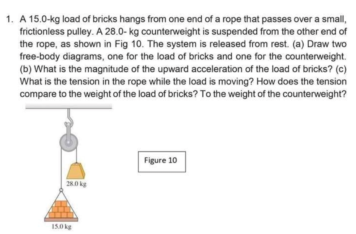 1. A 15.0-kg load of bricks hangs from one end of a rope that passes over a small,
frictionless pulley. A 28.0- kg counterweight is suspended from the other end of
the rope, as shown in Fig 10. The system is released from rest. (a) Draw two
free-body diagrams, one for the load of bricks and one for the counterweight.
(b) What is the magnitude of the upward acceleration of the load of bricks? (c)
What is the tension in the rope while the load is moving? How does the tension
compare to the weight of the load of bricks? To the weight of the counterweight?
Figure 10
28.0 kg
15.0 kg
